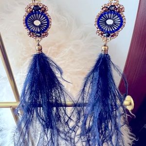 Blue feather long drop earrings